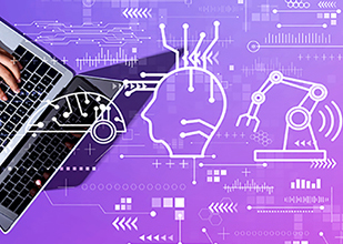 image of hand on a computer keyboard and various symbols representing science ideas.